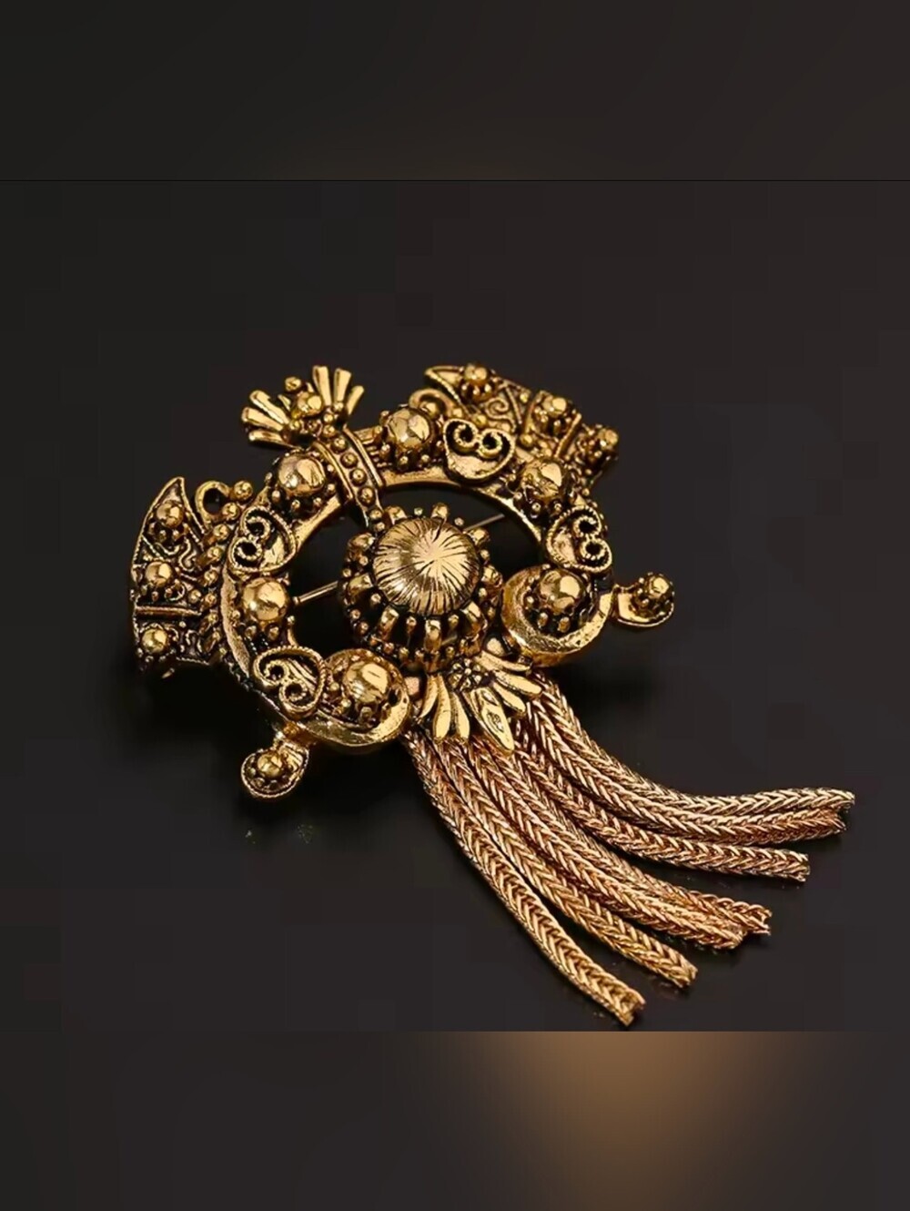 Gold-Tone Ornate Tassel Brooch with Filigree